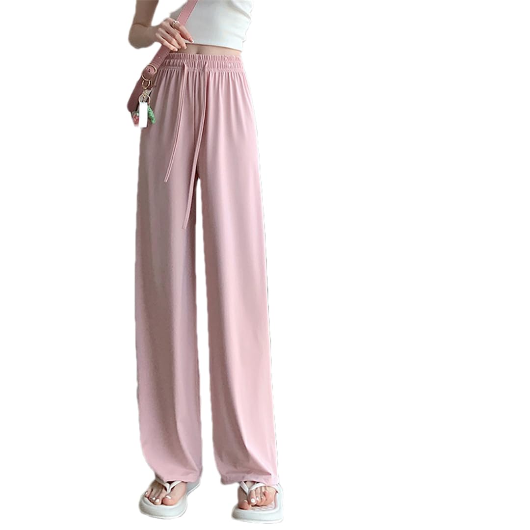Pulcykp Women Summer High-Waisted Draping Straight Trousers Casual Thin Style Ice Silk Wide Leg Pants