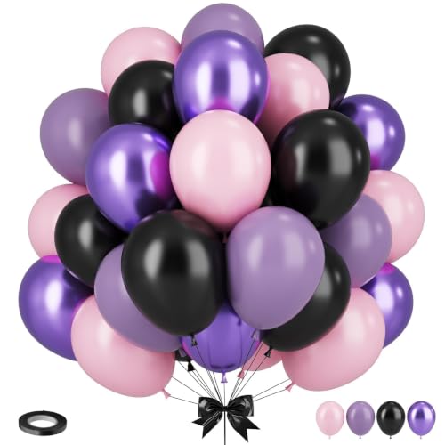 Image of Purple Pink Balloons, 12 Inchs Black Pink Purple Metallic Purple Balloons, Pink and Black Birthday Balloons for Birthday Party Baby Shower Wedding Decorations