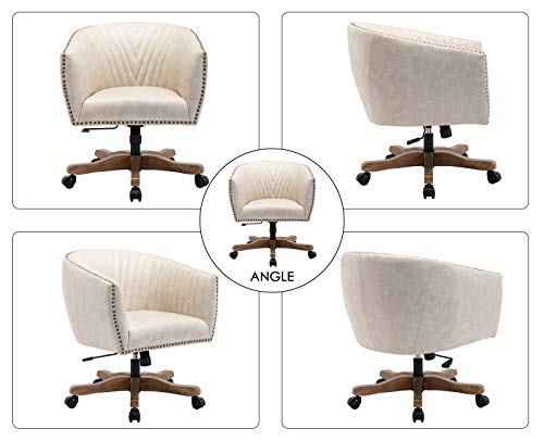 Guyou Retro Barrel Swivel Home Office Desk Chair For Heavy Duty, Upholstered Ergonomic Accent Arm Chair With Luxurious Nailheads And Pleated Mid-Back, Beige In Faux Leather #TOP1