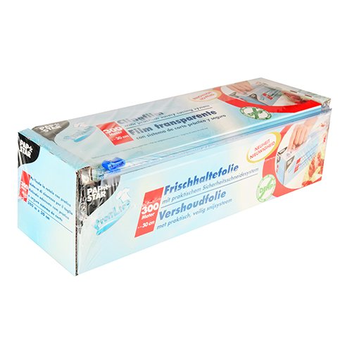 Plástico para envolver, PVC 300 m x 30 cm con sistema de corte práctico y seguro