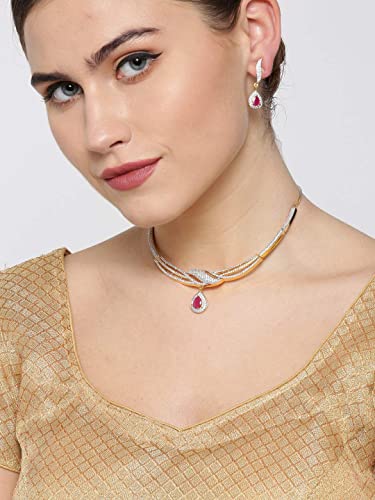Pink Stone & American Diamond Necklace Set with Drop Earrings