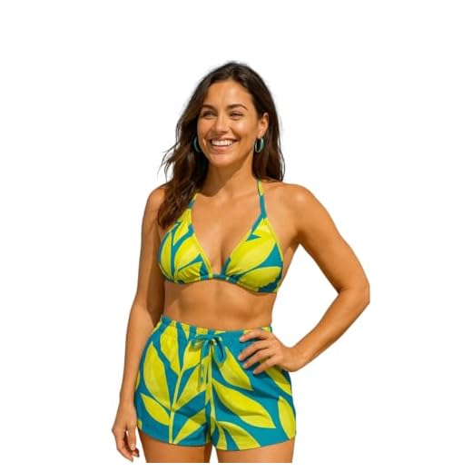 Conjunto Triquini Feminino 3 Peças Biquíni Completo e Shorts Saída de Praia | Moda Praia Estampada (BR, Alfa, GG, Regular, Padrão, Folha Amarela)