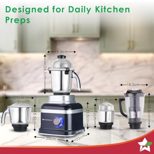 Image of Wonderchef Cube 1000W Mixer Grinder, 4 Jars with Flow Breakers, Special Coarse Blade for Silbatta-style Khada Masala Grinding, Ideal for Grinding, Blending Chutney, Idli /Dosa Batter, 2-Yr Warranty