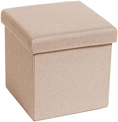 Bonlife Blue Linen Fabric Folding Small Ottoman Storage Box,Footrest Seat Cube Footstool and pouffes Toy Chest Box with Lid for Living Room 30cm