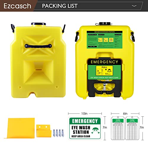 Image of Portable Eyewash Station 14-Gallon OSHA Approved with One Station Sign and Two Inspection Tags, Wall Mounted Gravity-Flow Indoors and Out, 53L Refillable Eyewash Station Heavy Duty, Yellow