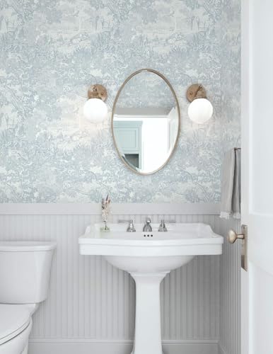 Image of Peel and Stick Wallpaper, Blue Toile Pattern, Removable Wall Covering, Pastoral Landscape Design