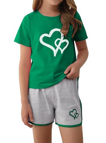 Image of Girls Summer Outfits Two Piece Graphic T Shirt and Shorts Sets Activewear Green Grey 7-8Y