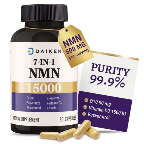 DAIKEN NMN 15000 Advanced Formula, 500mg β-Nicotinamide Mononucleotide with Niacinamide, CoQ10 & Resveratrol, Non-GMO - 90 Veggie Capsules (90 Count (Pack of 1))
