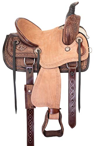 Acerugs Kids Quarter Horse Saddle Teal Pink Black Crystal Show Western Leather Barrel Racer Trail Tack Set Included (Brown Roping, 14") #TOP2