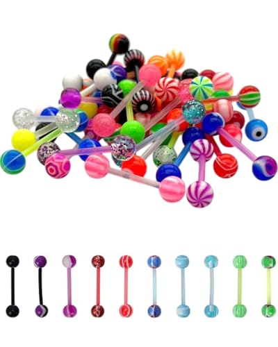 JEXOWIQ piercing lengua,40 pcs Piercing de lengua Juego de piercings de pezón de plástico 16 mm 14G Barras de piercing de lengua de plástico flexible