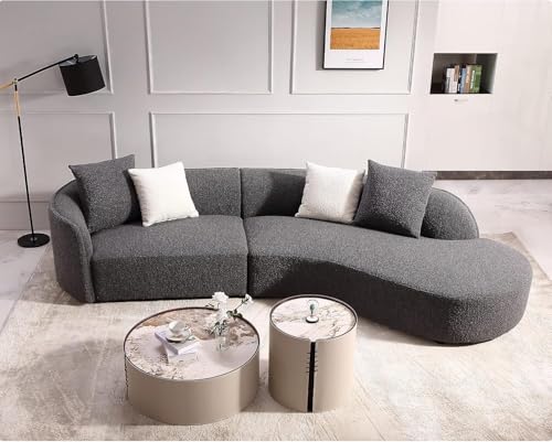 Image of Luxury Modern Style Living Room Upholstery Curved Sofa with Chaise 2-Piece Set, Right Hand Facing Sectional, Pearl Boucle Couch, Dark Grey