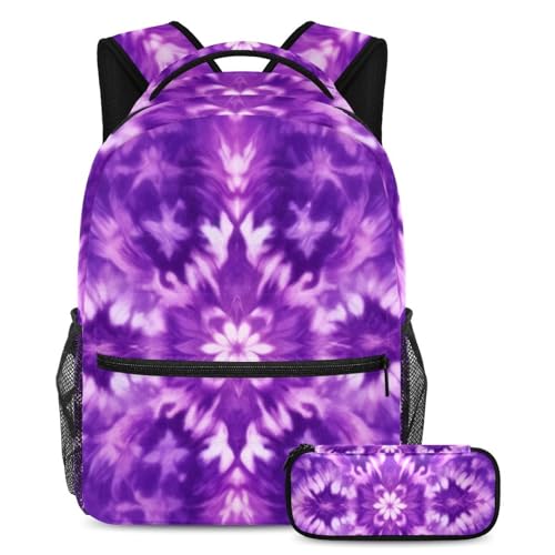 Cartable violet tie-dye avec trousse assortie pour l'école primaire et le collège