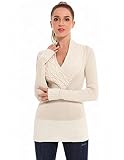 AmélieBoutik Damen-Pullover mit überkreuztem Zopfmuster, V-Ausschnitt, langärmelig, Beige, Mittel