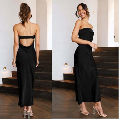 Image of Womens Strapless Satin Maxi Dress Backless Tube Dress | Strapless satin maxi dress with elastic back folded bust backless cut smooth drape and slim tube fit for events