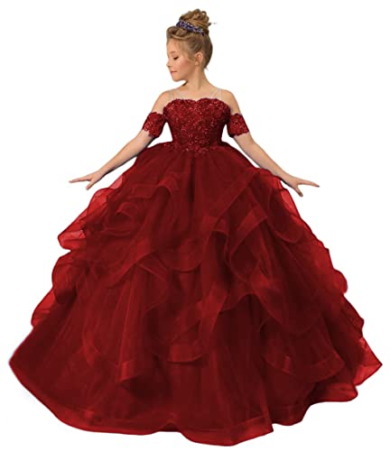 Girls Flower Girl Dress Beaded Applique Tulle Pageant Dresses Off Shoulder Kids Ball Gown for Wedding Party
