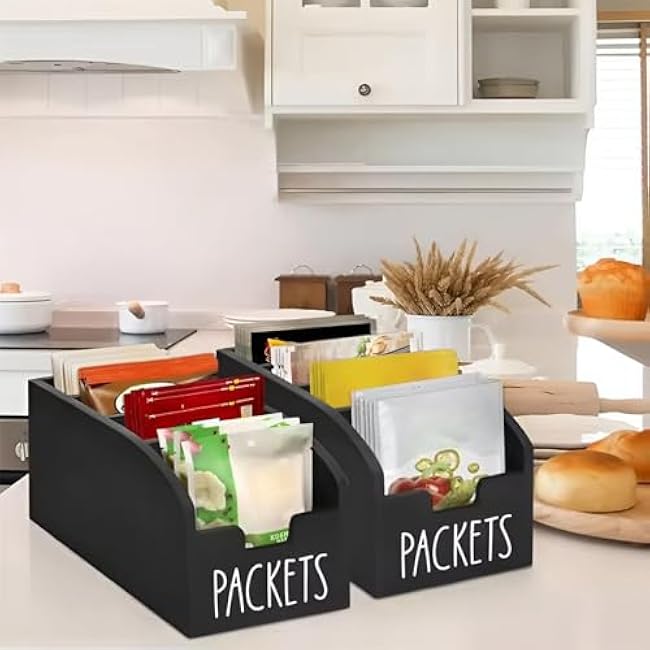 Generic Minimalist Wooden Kitchen Snack Organizer - 4 Compartment Black Packet Holder