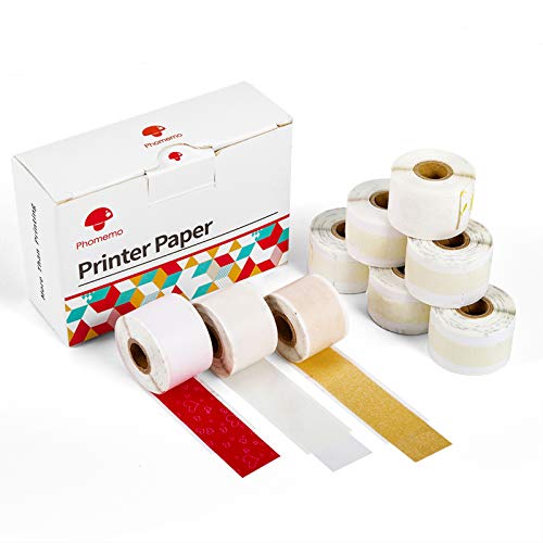 Phomemo Papier Autocollant en Rouleau de Papier Thermique Compatible avec l'imprimante Photo Phomemo M02S et M02PRO, Film Tansparent/Film D'or/Fond Rouge avec Coeur Rouge, 9 Rouleaux au Total Cover