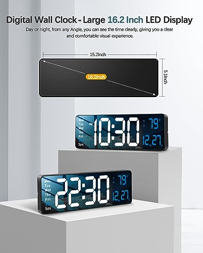 Image of JoFomp Modern 16 inch Large Digital Wall Clock with Remote Control, LED Display, Auto-Dimming, Countdown, Temperature, Calendar - 12 /24Hr Format - Silent Wall Clock for Home, Office, or Gym Use (Blue)