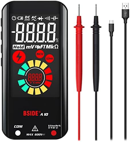 BSIDE Digital Multimeter, Rechargeable with Color LCD, 3 Results Display 6000 Counts Pocket Smart Voltmeter Capacitance Diode Ohm Hz Duty Cycle V-Alert Live Check Voltage Tester, Black, Pocket Size