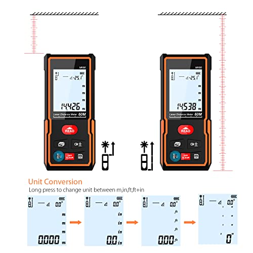 Foto von Laser Entfernungsmesser 60M, Vistreck MK60 M/In/Ft Digitales Laser Entfernungsmesser mit LCD Hintergrundbeleuchtung mit Mehreren Messmodi wie Pythagoras/Abstand/Fläche/Volumen Messungen, IP54