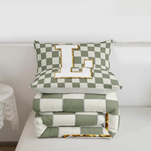 Image of Erosebridal Sage Green Checkered Bedding Set Twin Plaid Initial L Comforter Set for Kids Adults Personalized Monogram Down Comforter,Fashion Grids Gingham Quilt Duvet