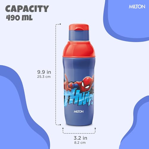 Image of Milton Marvel Steel Slim 600 Insulated Inner Steel Water Bottle for School Kids I Leak Proof FlipTop Lid, Easy to Carry Loop,Insulated Thermo Sipper Bottle for Kids,490 ml,Dark Blue (Spider-Man print)
