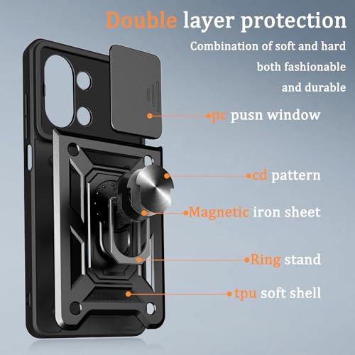 Image of Heavy Duty Back Case Cover for Redmi 15C /Poco C85 5G, Shockproof Redmi 15C /Poco C85 Back Cover, Ring Case with Kickstand and Camera Protection Shutter - Black