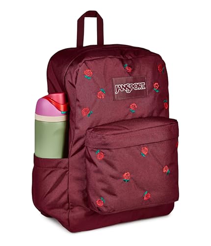 Image of JanSport Superbreak Plus FX Backpack - Work, Travel, or Laptop Bag with Water Bottle Pocket, Superbreak Plus Fx, Just A Rose Emb Cherry Lacquer /Grn /Red