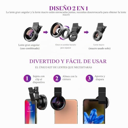 Objetivo para móvil 2 en 1 con lente macro 12.5x y gran angular de 0.45x universal 7