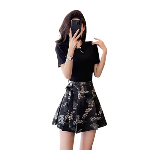 Mini jupe plissée brocart noir femme vêtement style chinois tête de cheval