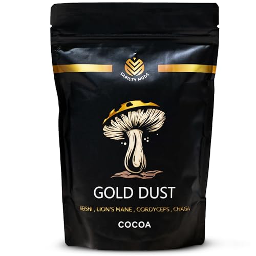 Variety Mode Gold Dust Cocoa Mushroom Coffee (240g - 30 Servings) | Mushroom Powder Containing Lions Mane Reishi Chaga & Ashwagandha | For Focus Energy & Calm - 100% Natural Organic Vegan