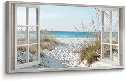 Beach Window Wall Art Canvas: Relaxing Bedroom Living Room Blue Ocean Coastal Scene Picture Modern Tropical Sea Landscape Painting Print Decor Horizontal Summer Seascape Artwork for Home