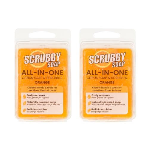Scrubby Soap - Original Orange (2-Pack) - Citrus Scented Natural Infused Scrubber - Cleaning Sponge for Paintbrushes Gardening Kitchen - Multipurpose