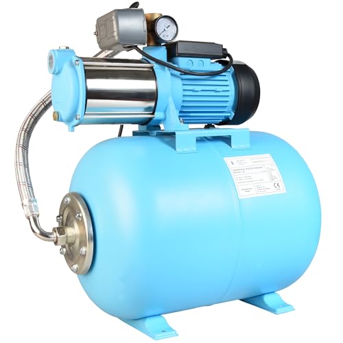 Hauswasserwerk MAX-H 1300 - Kreiselpumpe (5520 l/h, 1300 W Förderhöhe 55m) - 50L Druckkessel - Hauswasserautomat mit Druckschalter Manometer - Wasserpumpe Edelstahl INOX für Gartenbewässerung 50 Liter