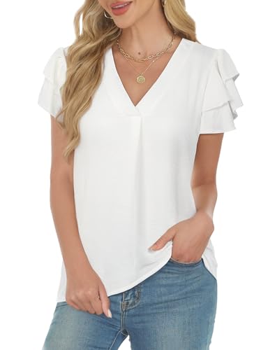 AURUZA Blouses for Women Dressy Casual, V Neck Ruffle Short Sleeve Tops Business Casual Tops Wrok Shirts Flowy Summer Blouse2