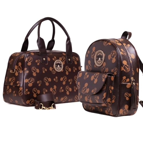 Kit 2 Peças Mala Maternidade e Mochila Mickey Minnie Stitch, Material Sintético Premium, 45x30x18cm e 24x30x9,5cm (Kit Mickey Marrom)