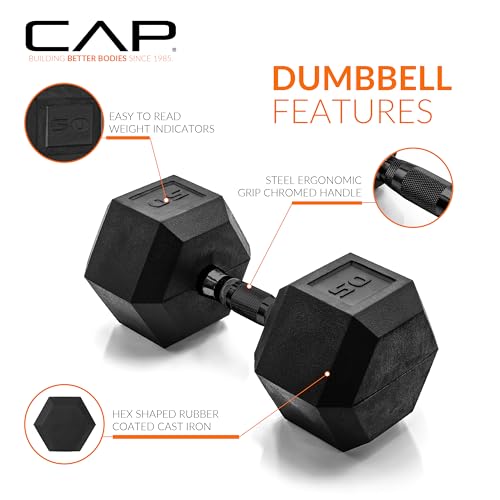 Image of CAP Rubber Coated Dumbbell Weights, Free Weights for Home Gym Strength Training, Anti-Roll Hex Dumbbells with Black, Chrome & Comfort Grip Handles, Singles