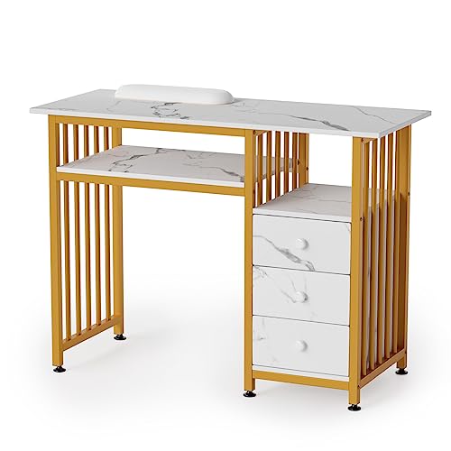 OmySalon Manicure Table w/Wooden Drawer Storage, Gold & White Marbling Nail Desk for Nail...