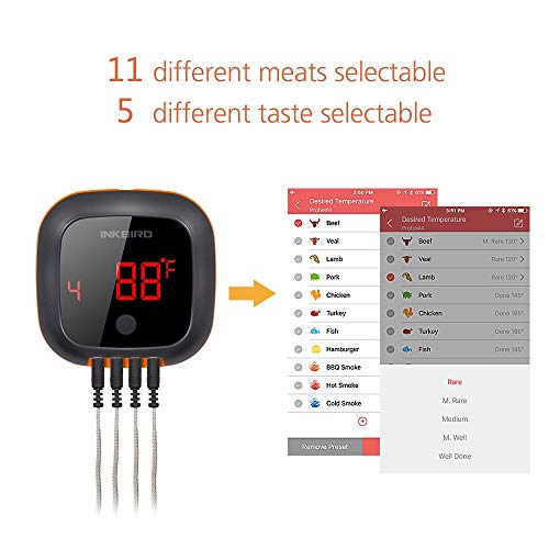 Inkbird Grill Thermometer,Bluetooth Smoker Thermometer,Cooking Digital Bbq Thermometer With 150Ft,Alarm And Timer Kitchen Meat Thermometer For Grilling,Roasting,Oven,3 Meat Probes And 1 Oven Probe #TOP6