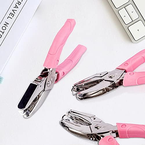3 PACK Handheld Hole Paper Punch, Metal Single Hole Paper Punchers with Soft Grip, Circle Star Heart Shaped Holes Paper Punch for DIY Craft Tags Clothing Ticket - Pink