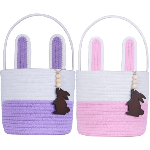 Image of Easter Basket Empty 2 PCS Bunny Woven Rope Easter Baskets for Kids Easter Hunt Baskets with Handle Bags Easter Gifts for Kids Toddlers Girls Boys Teens Set of 2 Pink and Purple