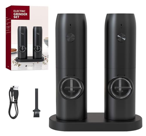 USB Rechargeable Electric Salt and Pepper Grinder Set with Charging Base, Ceramic Grind and LED Light Type Charge, Adjustable Coarseness, Automatic Grinder for Home, Kitchen
