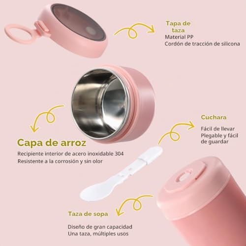 Miniatura 3 de Qingzy Termo Para Comida, 530ml 290ml Termo Comida Caliente Acero Inoxidable, Taza De Cereales Para Llevar De Doble Capa, Frasco Contenedor Térmico Con Cuchara Para Trabajo, Escuela Rosa