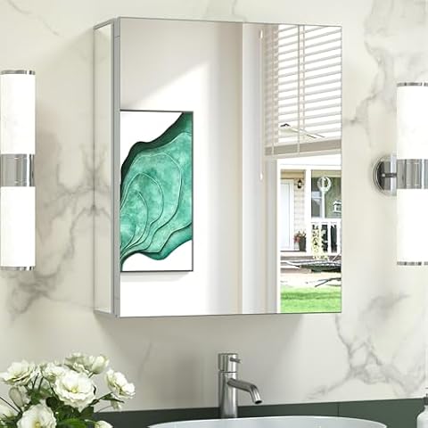 TokeShimi 16x20 Frameless Bathroom Medicine Cabinet with Mirror,Aluminum Bathroom Mirror Cabinet with Full-Overlay Mirrors,Removable Tempered Shelf Cover