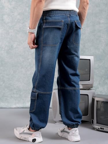 Image of The Indian Garage Co Men Loose Fit Solid Mid-Rise Stretchable Denim Joggers
