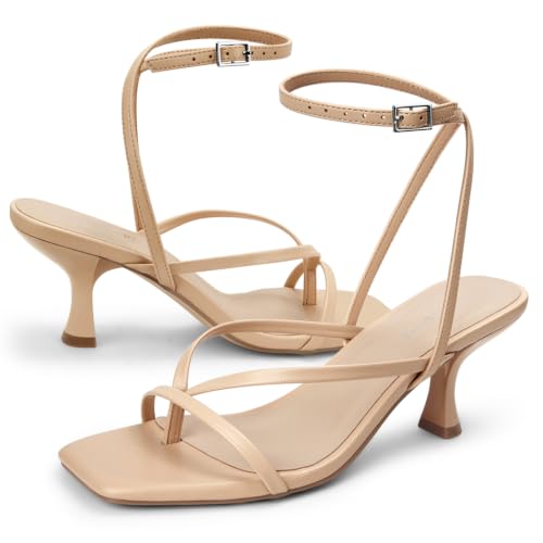 Image of Women's Kitten Heel Strappy Open Square Toe Thong Ankle Strap Heels for Wedding