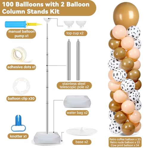 Image of 2 Sets Western Cowboy Brown Balloon Column Stand Kit with 102 Balloons Adjustable Balloon Tower Stand with Bases for Cow Print Floor Balloons Column Kit for Kids Boy Birthday Baby Shower Party Decor