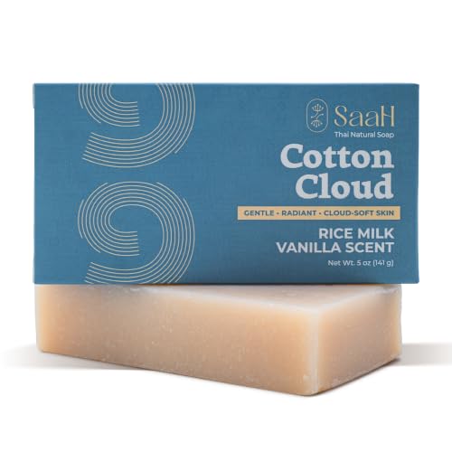 SAAH Cotton Cloud Thai Rice Soap Bar 5 oz Gentle Soap for Sensitive Skin Doesnt Strip or Dry | Cold Process with Hom Mali Rice & Lakoocha | Rice Milk Vanilla | Face & Body