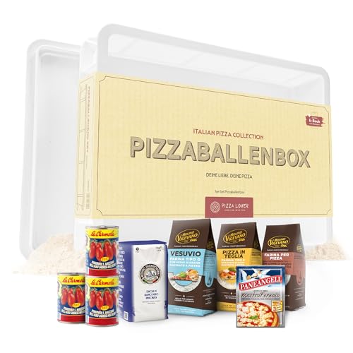 Pizza Lover® Pizza Set – Molino Vigevano Mehl (Vesuvio, Pizza in Teglia, Farina Typ 1) + La Carmela San Marzano D.O.P. Tomaten + Gärbox 30×40×7 cm mit Deckel – Original italienische Zutaten