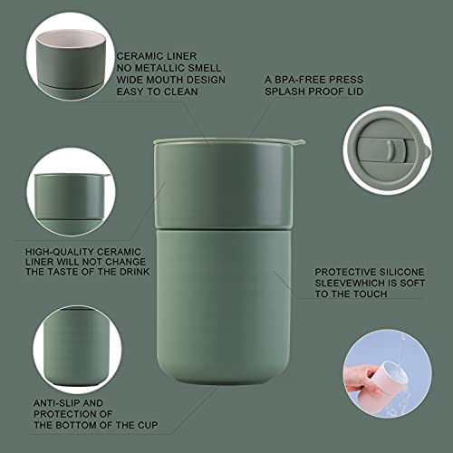 Ceramic Coffee Mug, Reusable Insulated Coffee Cups With Lids Cute Travel Mugs Protective Silicone Sleeve, 12 Ounces, To Go Mug For Coffee Tea Portable Office Or Home Cups Dishwasher Safe (Green) #TOP2